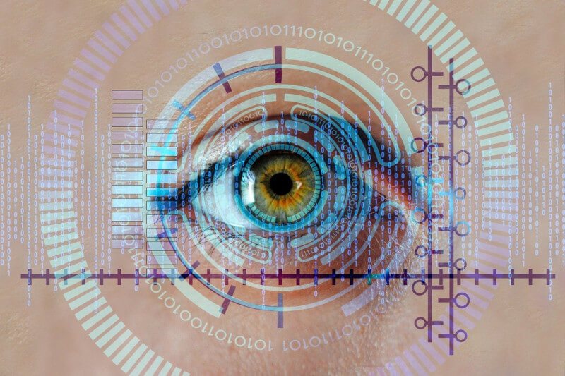 A depiction of an eye scan used for smart building access control.