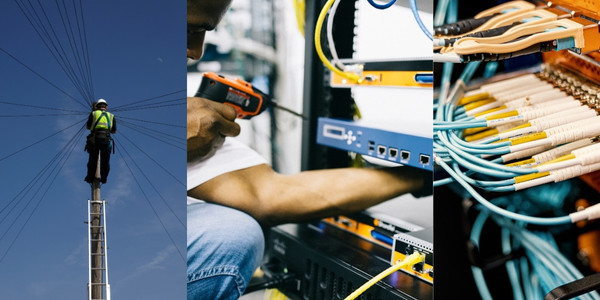Technicians installing and maintaining business telecoms infrastructure, including network cabling and telecom equipment.