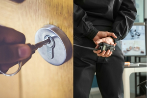 Keyholding services blog page featured image showing a security guard with a radio and key unlocking a commercial door in a UK office.