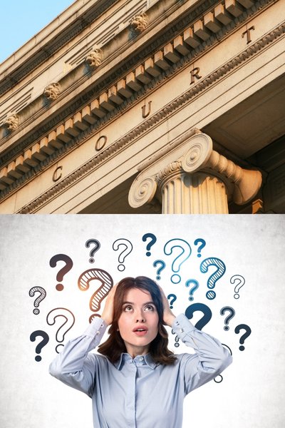 Court building and confused woman with question marks, illustrating uncertainty about Martyn's Law 2025 compliance requirements for UK businesses.