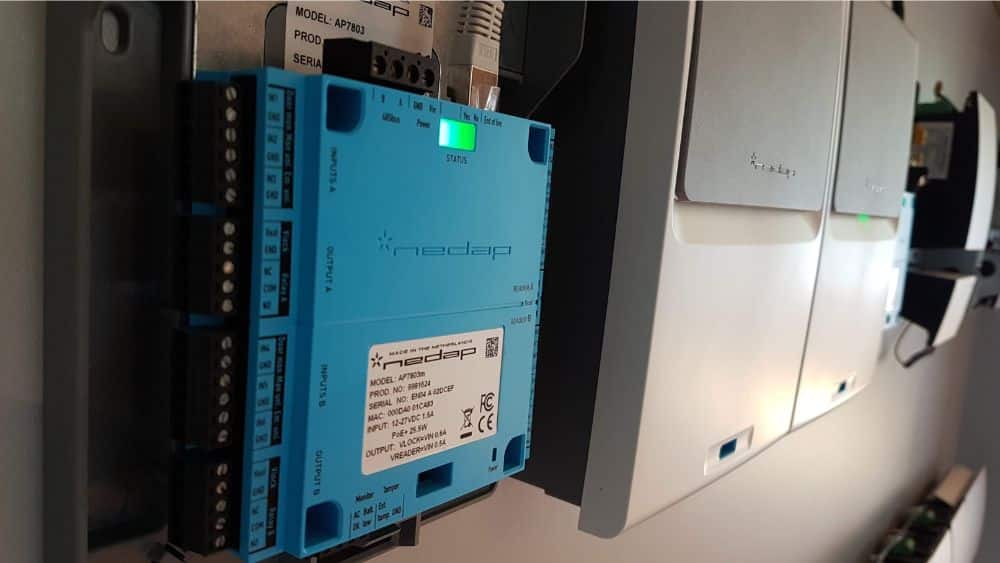 Nedap AEOS Blue controller used in an access control cabinet to connect readers, locks, sensors and alarms to the AEOS platform.